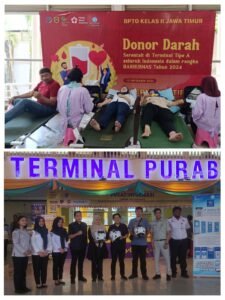 Jelang HUT HARHUBNAS BPTD KELAS II Jawa Timur dan DISHUB terminal Purabaya adakan pengobatan gratis dan donor darah.