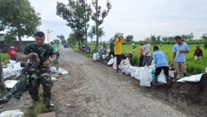 Bhabinkamtibmas Desa Pandansari Gotong Royong Bersama Tiga Pilar Tangani Tanggul Jebol